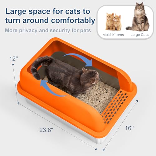 XL Enclosed Stainless Steel Cat Litter Box for Big Cats (Orange & Sliver / Large)
