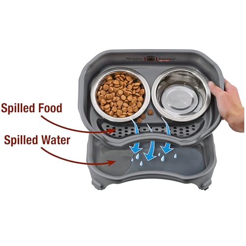 Express Mess Proof Dog Bowls Elevated for Small Breed (Small w/ Metal Slow Feed Bowl / Gunmetal Grey)