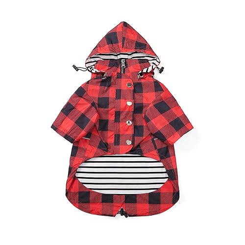 Dog rain Coat Waterproof Raincoat Puppy Jacket with Legs Buttons Zipper Hood Drawstring Fit for Yorkie Terrier Schnauzer Poodle Border Collie Labrador Golden Retriever 8lbs to 80lbs Red S (Small / Red Plaid)