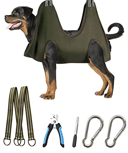 10 in 1 Dog Grooming Hammock Harness with Nail Clippers (XXL/Under 80 lb / Khaki Green)