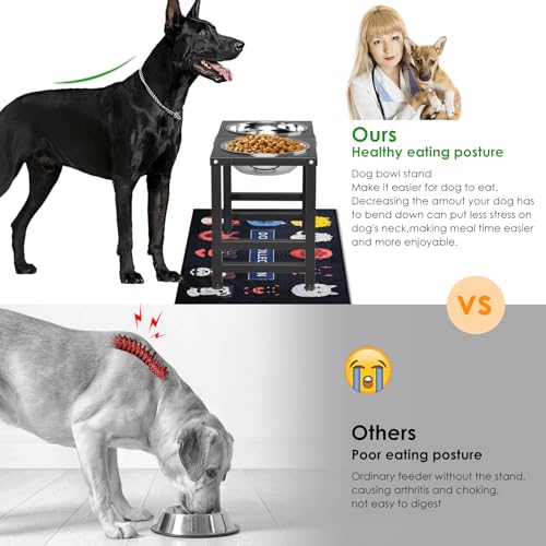Metal Elevated Dog Bowl for Large 𝐋𝐚𝐫𝐠𝐞 Raised Bowl Stand with Sprill Proof Mat and 2000ML Pet Bowls (Black - XL Cute Dog Mat / Height:16inch)