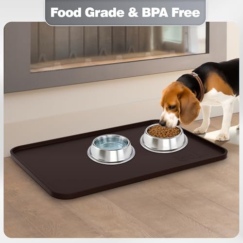 Silicone Dog Cat Food Mat Extra Thick Raised Edge (Brown / 24"L x 16"W)
