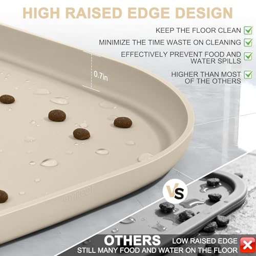 Waterproof Silicone Pet Food Mat with Raised Edge for Dog & Cat (Beige / 19"L x 12"W)