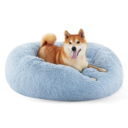 Calming Dog Bed Medium Size Dog Donut Washable Pet Bed (30"L x 30"W x 8"Th / Light Blue)