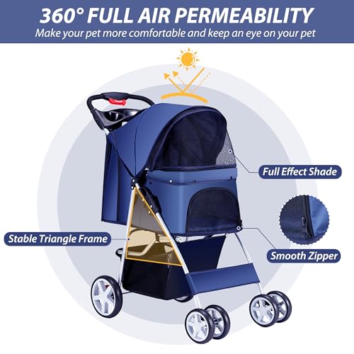 Foldable 4 Wheel Pet Stroller for Dogs Cats 10 (Navy Blue)