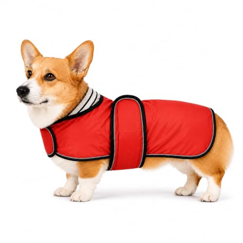 Dog Raincoat Corgi rain Coat pet Waterproof Jacket fit for Corgi Weiner Wide Body Long Back Breeds with Reflective Stripe Great Coverage red S (Small / Red)