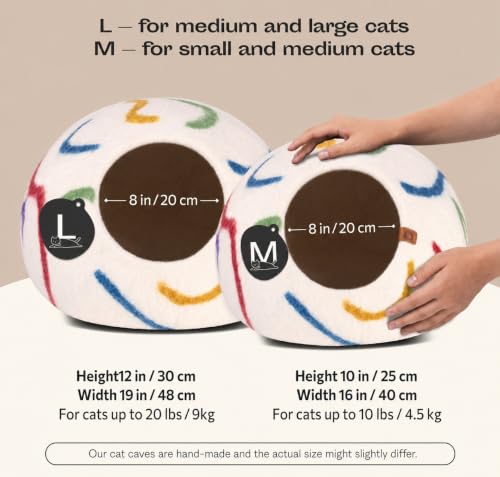 Cat Cave Merino Wool Bed for Indoor Cats (Ivory Rainbow / Large)