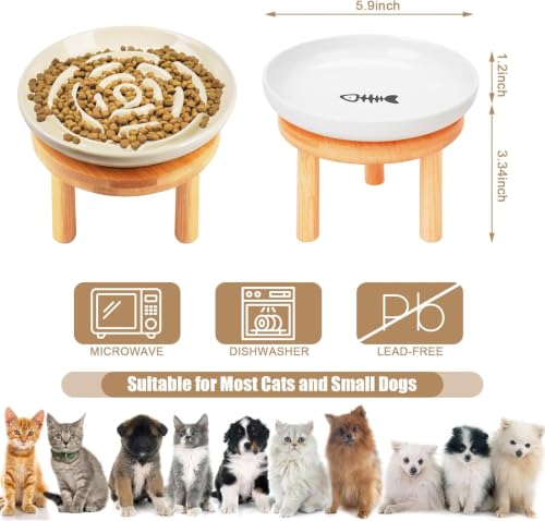 Shallow Elevated Cat Bowls with Bamboo Stand (white apricot)