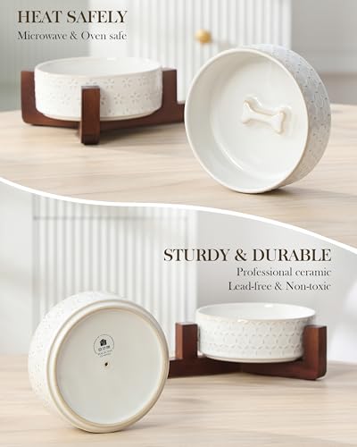 Dog Bowl Set Ceramic Bowls with Walnut Wood Stand (Five-leaf Grass+Honeycomb / 2 Cups)