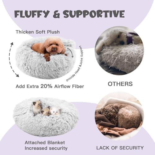 Covered Large Dog Bed with Blanket Attached Calming Burrow Light Grey (35.0"L x 35.0"W x 10.0"Th / Light Grey)