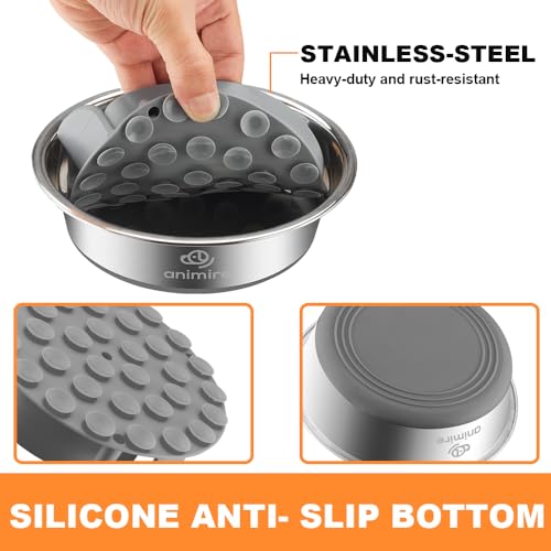 2-in-1 Metal Dog Bowl with Slow Feeder Insert, Stainless Steel Dog Bowls Food Grade 304, Water Food Bowl with Anti-Slip Silicone Base for Small, Medium, Large Dogs (2 Cups / Grey)
