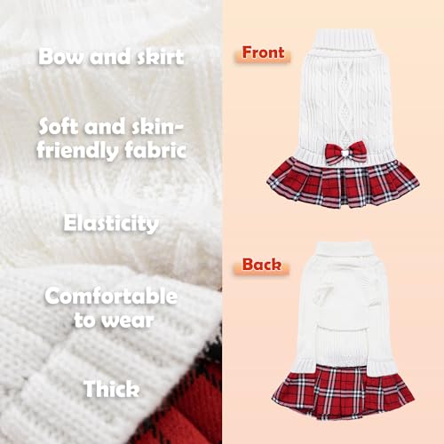 2 Pack Small Dog Sweater Dress with Bowtie Turtleneck (Large (14-21lbs) / Red+White)