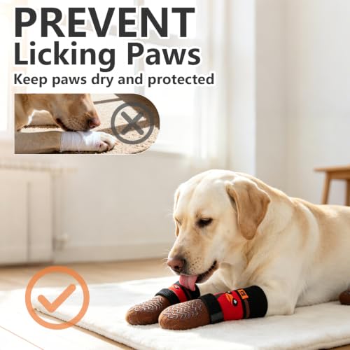 Anti Slip Dog Socks to Prevent Licking Paws for Hot Pavement (Red & Brown / Medium)