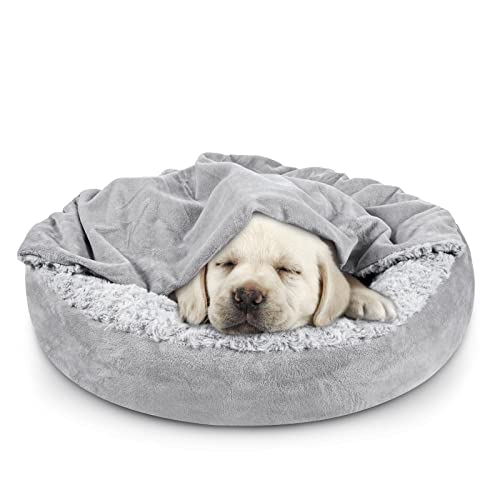 Small Dog Bed Cat Bed with Hooded Blanket (S(23" x 23" x 7") / Grey)