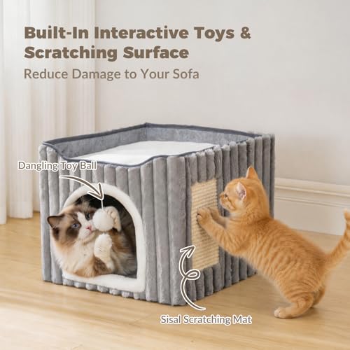 3-in-1 Cat Cave Bed for Indoor Cats with Scratch Pad (Grey)