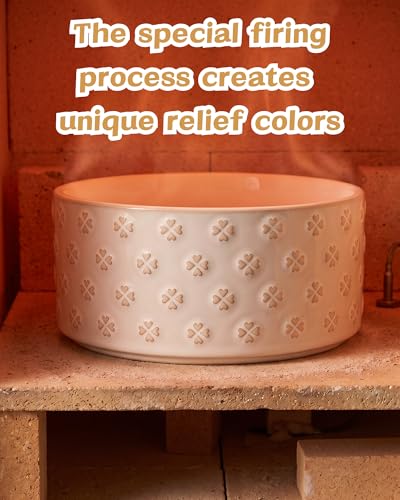 Ceramic Dog Bowl Set of 2 with Wood Stand (M-3.5 Cups / 02-Clover & Daisy)