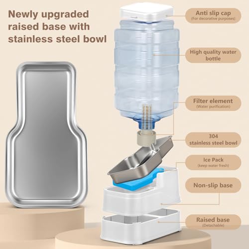 2.2 Gallon Pet Automatic Dog Water Dispenser Cat Gravity Waterer Feeder with Stainless Steel Bowl Large Capacity Puppy Feeding Raised Bowls with Filter (White / 8L(2.2 Gallon))