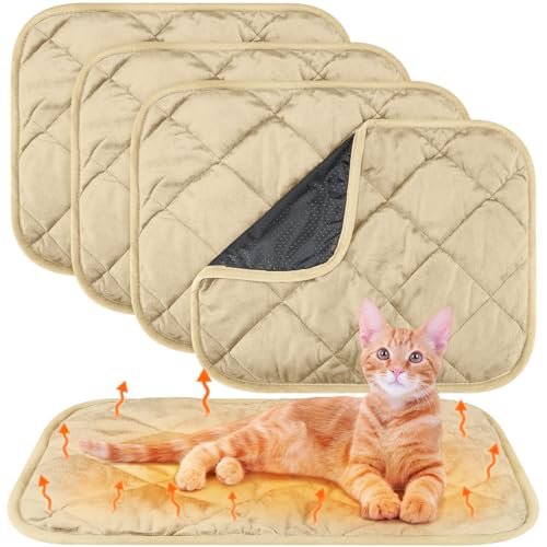 4 Pack Self Heating Cat Pad Self Warming Dog Mat Reflects Body Heat Extra Warm Thermal Pet Pad Washable Dog Cat Bed Crate Bed Mat Blanket (16 x 20 Inch / Beige)