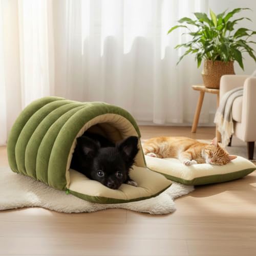 3-in-1 Enclosure Cat House Bed，Large Detachable Cat Cave Bed Warm，Cozy Cat Mat Nest Sleeping Bed Puppy House for Cats Small Dogs 22.4x14.5x11 Inches，Green (Green / Large)