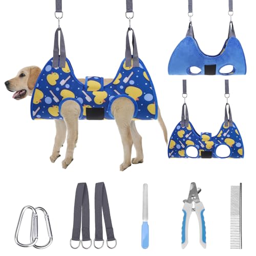 Dog Grooming Hammock Harness for Dogs & Cats with Pet Nail Clipper Trimmer (M / Navy Blue)