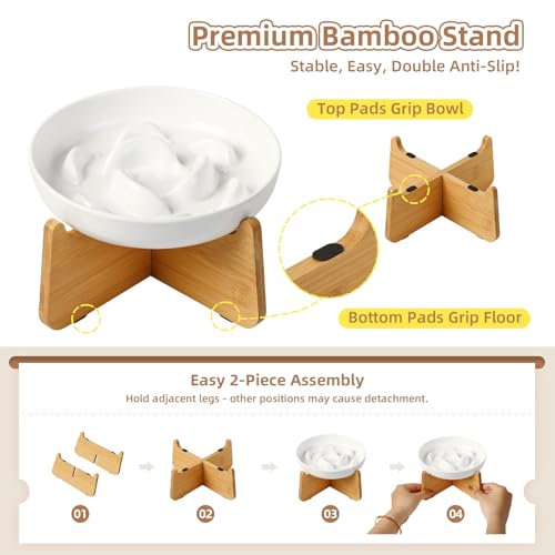 Elevated Slow Feeder Cat Bowl (White + Bamboo Base / 7"H)