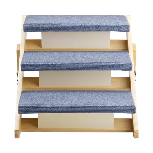 Wood Pet Stairs (Wood Color+Blue / 3-Step Foldable)