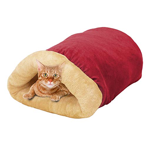 4 in 1 Self Warming Burrow Cat Bed Hideway Sleeping Cuddle Cave (Burgundy)