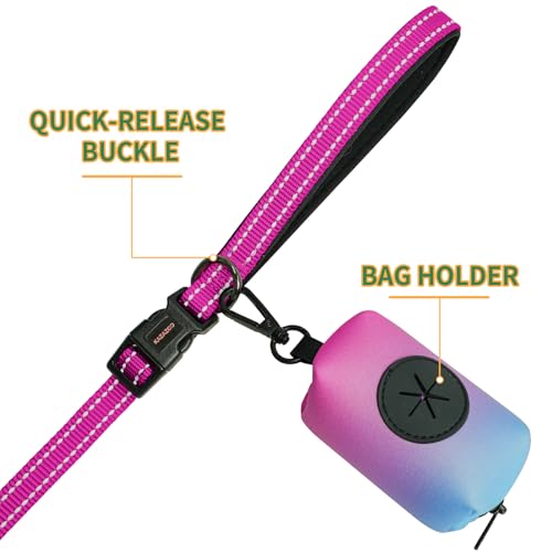 Hands Free Dog Leash with Poop Bag Holder (Hotpink)