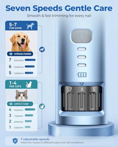 7 Speed Quiet Dog & Cat Nail Grinder with 360° LED for Thick Nails (White)