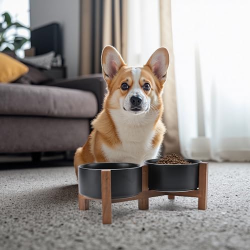 Ceramic Dog Bowls with Acacia Wood Stand (28.74 Oz / Black)