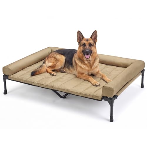Outdoor Elevated Dog Bed with Waterproof Bolster Cushion (Beige Coffee / 53.0"L x 37.5"W x 9.0"Th)