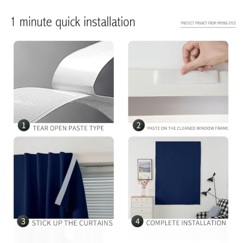 Self Adhesive Portable Blackout Curtains for Bedroom Easy to Install Window Thermal Lnsulated Kitchen Room Darkening Small Window Curtains (47"W x 79"L (Pack of 2) / Navy Blue)