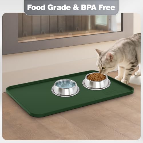 Silicone Dog Cat Food Mat Extra Thick Raised Edge (Dark Olive / 18"L x 12"W)