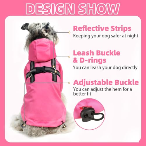 Dog Raincoat with Hood & Harness Built (S (Back 13.2", Chest 18.5", Neck 13.9") / Fuschia)