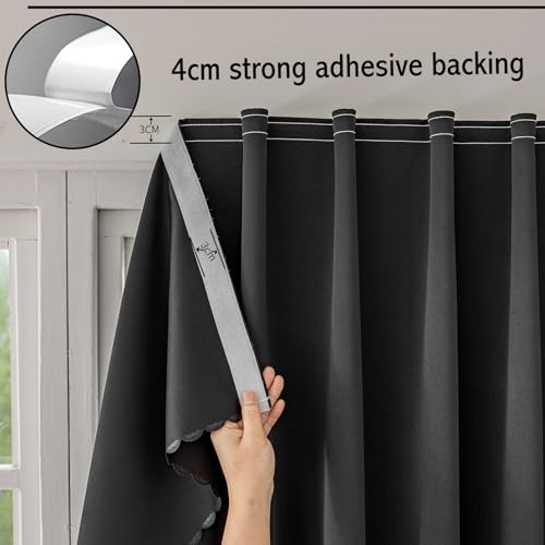 Magic Tape Stick on Curtains Blackout Curtains for Bedroom no Drillng Self Adhesive Curtain no Rod Small Window (Black / 59"W x 79"L (Pack of 2))