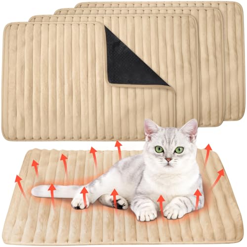 4 Pack Self Warming Cat Bed 24"x18" Self Heating Dog Cat Pad Bulk Crate Bed Extra Warm Thermal Big Pet Pad for Indoor Outdoor Pets Houses with Removable Washable Cover Non Slip (Apricot)
