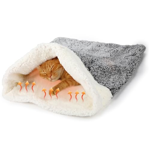 Self Heating Cat Sleeping Bag Indoor Self Warming Cat Bed Cave Heated Pad Cozy Soft Winter Washable Wrap Pet Snuggle Sack Pouch for Puppy Dog Kitten (Rustic / Gray)