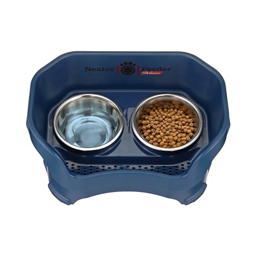 Neater Feeder Deluxe Mess Proof Dog Bowls Elevated for Medium Dogs 19 (Medium with Standard Bowl / Dark Blue)