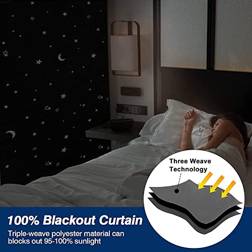 Magnetic Blackout Shades Temporary Blackout Curtains 100% Blackout Blind Window Cover for Windows and Doors (Black - Moon & Stars / 57"W x 118"H)