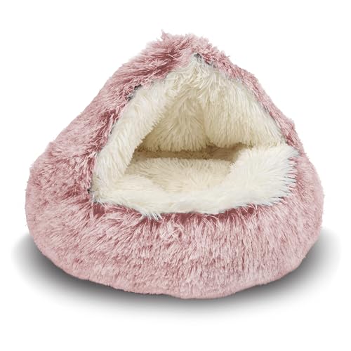 Cozy Cat Bed Round Plush Fluffy Hooded Cave (23.0"L x 23.0"W x 6.0"Th / pink)