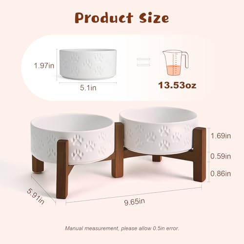 Ceramic Elevated Dog Bowl Set with Acacia Wood Stand for Food and Water for Cats and Small Dogs (13.52 Oz / Dog Paw White)