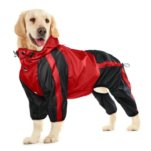 Dog Raincoat 4 Leg Waterproof Dog Rain Jacket with Hood (Red / Large)