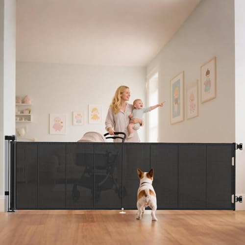 100 inch Reinforced Retractable Baby Gates 34 inch Tall (Black / 34" Tall x 100" Wide)