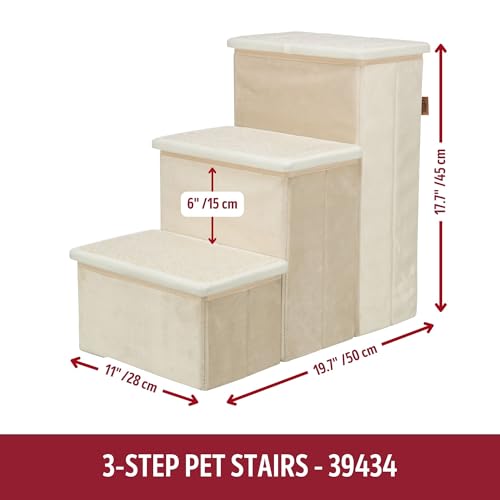 3 Step Velour Pet Stairs for Dogs & Cats (Beige / 11" W x 17.7" H)