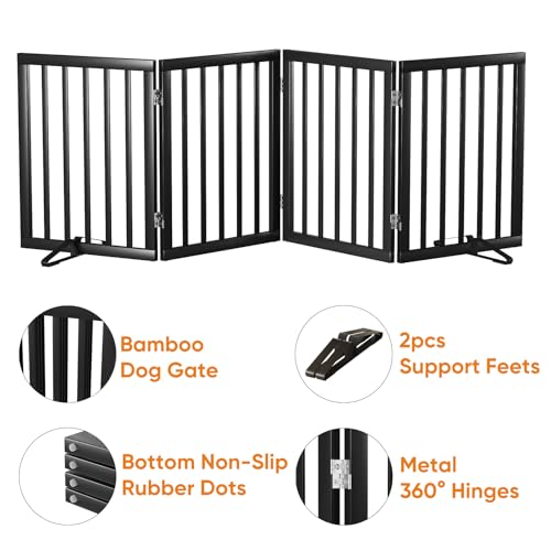 Black 37 74" Dog Gate Foldable Dog Gates for Doorways Stairs House Freestanding Pet Gate Puppy Barries 24 inches Tall (Bamboo Dog Gate Black / 4 Panel - 74 inches Wide)