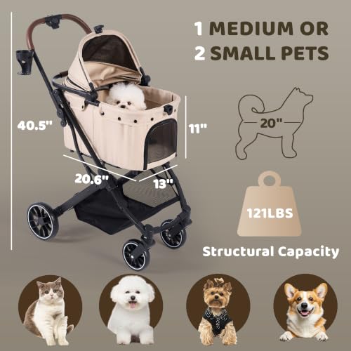 Dog Stroller for Small to Medium Dogs with Detachable Carrier (Vanilla Beige)