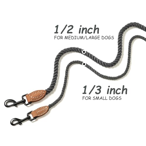 Dog Leash Braided Cotton Rope with Leather (Dark Grey / 48 Inch-1/3")