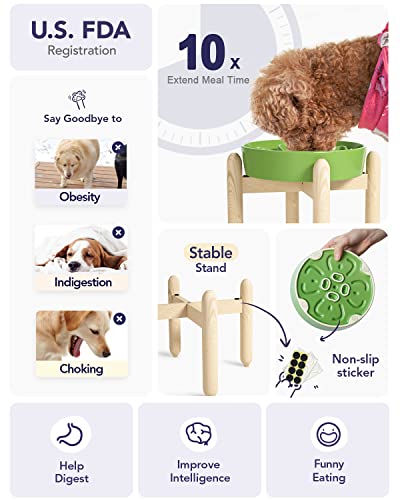 Ceramic Slow Feeder Dog Bowls Elevated for Small and Medium Breed (Clover Green+Stand / M-1.5 Cups)
