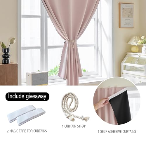 Self Adhesive Curtains 100% Blackout Shades Window Cover Sticky Curtain Portable Easy Open Black Out Curtains for Bedroom Living Room No Drilling (Pink/ Thickened / 47"W x 96"L (Pack of 1))