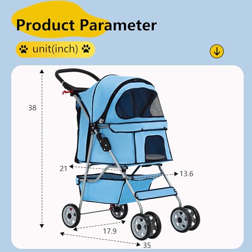 4 Wheel Foldable Pet Stroller (Blue / 4 Wheels)